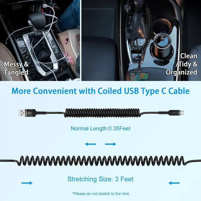 Alt view image 13 of 14 - Coiled USB C Charger Cable 3ft for iPhone 17 Pro Max Air 16 Pro Max,16 Plus,16 Pro,16 15, Retractable Short Android Auto Car Carplay Fast Charging Type A to C Phone Power Cord for Samsung Galaxy S25
