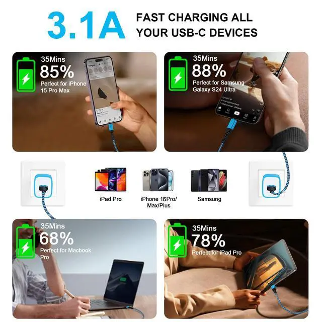 Alt view image 9 of 14 - Car Carplay Cable Fast Charging 3FT/2Pack for iPhone 17e 17 Pro Max Air 16e/16/16 Pro/16 Pro Max/16 Plus/15 Pro Max,3.1A USB Type C Charger Cord Car Fast Cable for Samsung Galaxy S26 S25 A17,Pixel 10a