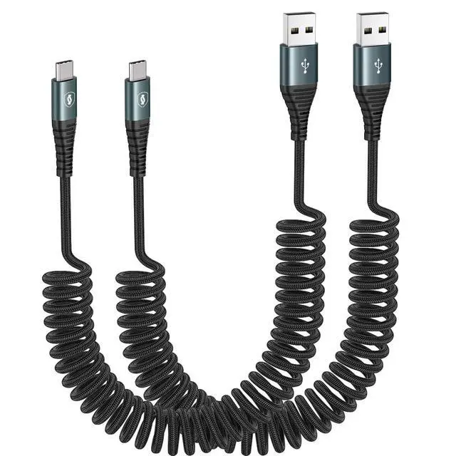 Alt view image 8 of 14 - USB C Charger Cable Fast Charging, Coiled USB A to USB C Cable for Car, 2Pack 3FT Braided Type C Cord Compatible with iPhone 15 Pro Max Samsung Galaxy S10 / S10+ / Note 9, 8 LG V30 and More, Black