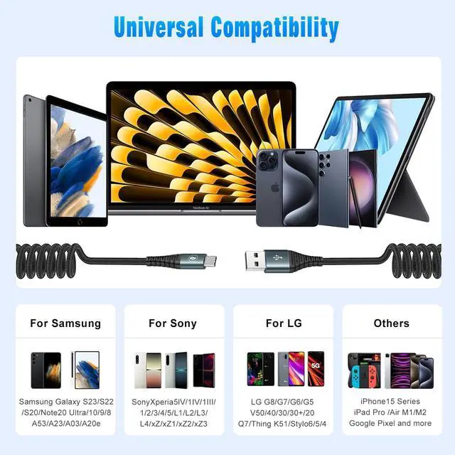 Alt view image 14 of 14 - USB C Charger Cable Fast Charging, Coiled USB A to USB C Cable for Car, 2Pack 3FT Braided Type C Cord Compatible with iPhone 15 Pro Max Samsung Galaxy S10 / S10+ / Note 9, 8 LG V30 and More, Black