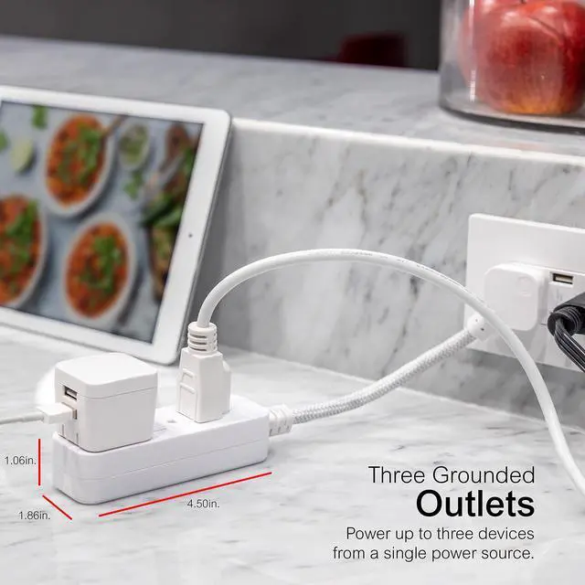 Alt view image 9 of 12 - 3-Outlet Power Strip 5 Inch Braided Extension Cord with Multiple Outlets Grounded Flat Plug ETL Listed White 45190