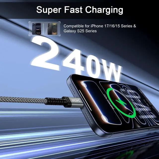 Alt view image 10 of 14 - 240W USB C Cable Fast Charging for iPhone 17 Air 17 Pro 17 Pro Max 16 Plus 16 15 Pro,3FT Carplay Car USBC to USBC Cord Android Phone Woven Cable for Samsung Galaxy S26/S26 Ultra/S26+/S25 Ultra S24 S23