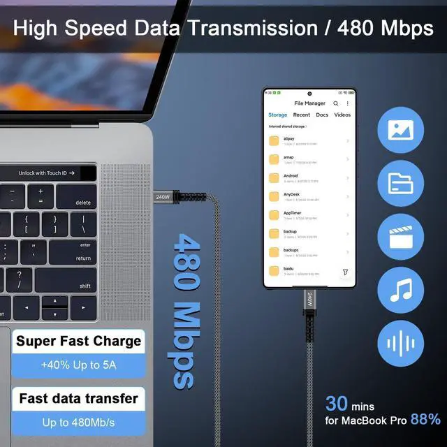 Alt view image 12 of 14 - 240W USB C Cable Fast Charging for iPhone 17 Air 17 Pro 17 Pro Max 16 Plus 16 15 Pro,3FT Carplay Car USBC to USBC Cord Android Phone Woven Cable for Samsung Galaxy S26/S26 Ultra/S26+/S25 Ultra S24 S23