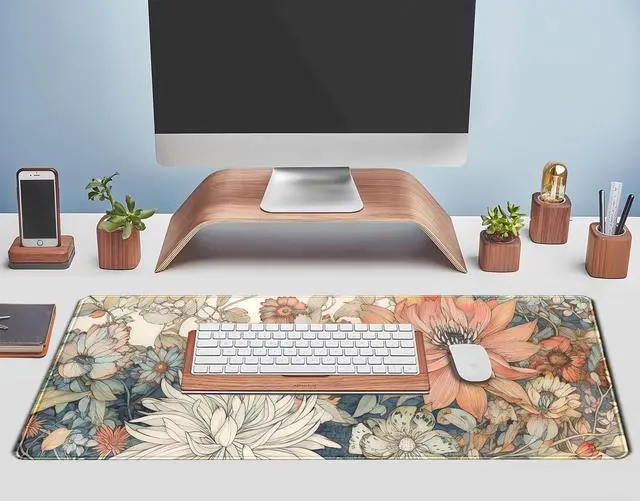 Alt view image 12 of 14 - Japanese Minimalist Floral Desk Mat Aesthetic Flowers XL Large Extended Gaming Mouse Pad with Stitched Edges, Big Laptop Computer Keyboard and Mouse Mat for Girl Women Office Decor 31.5x11.8 in