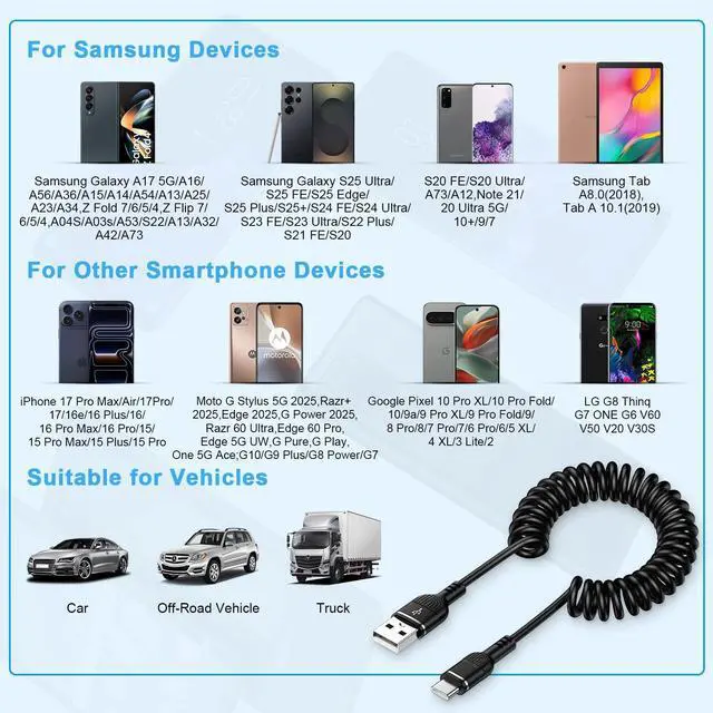 Alt view image 13 of 14 - USB C Coiled iPhone 17 Charger Cord Retractable Car Charger Cable for iPhone 17 Pro Max Air 17 Pro 16e 16 Plus 16 Pro Max 15,4FT Android Auto Fast Charging Coiled Cord for Samsung Galaxy A17 A16 S25FE