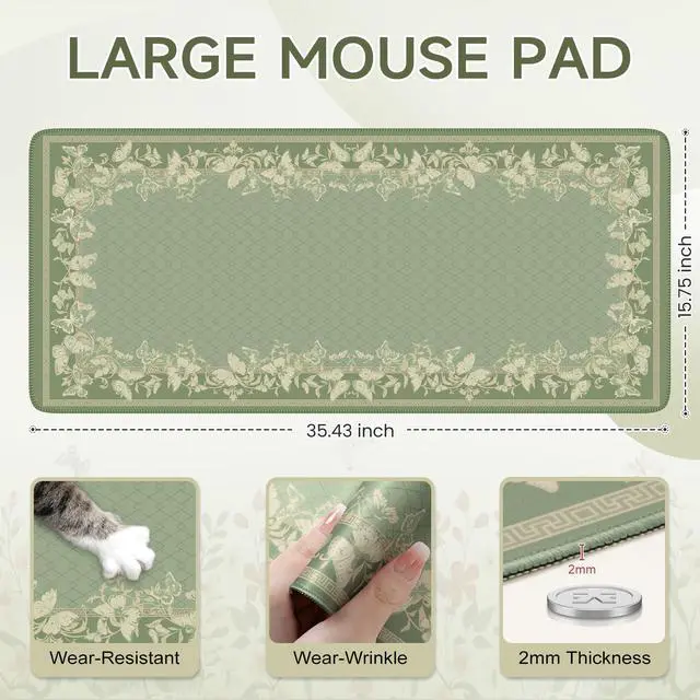 Alt view image 9 of 14 - Floral Desk Mat for Keyboard and Mouse,Cute Gaming Mouse Pad XXL,Anti-Slip Desk Matt for Desktop,Soft Lycra Surface Computer Mat Women,Girly Big Mousepad for Home Office (Light Green)