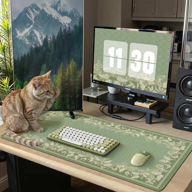 Alt view image 13 of 14 - Floral Desk Mat for Keyboard and Mouse,Cute Gaming Mouse Pad XXL,Anti-Slip Desk Matt for Desktop,Soft Lycra Surface Computer Mat Women,Girly Big Mousepad for Home Office (Light Green)
