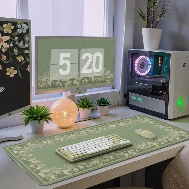 Alt view image 14 of 14 - Floral Desk Mat for Keyboard and Mouse,Cute Gaming Mouse Pad XXL,Anti-Slip Desk Matt for Desktop,Soft Lycra Surface Computer Mat Women,Girly Big Mousepad for Home Office (Light Green)