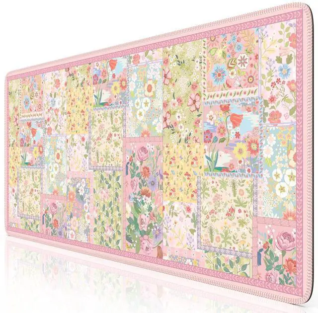 Alt view image 8 of 14 - Pink Desk Mat for Keyboard and Mouse, Large Mouse Pad, Floral Desk Pad, Anti-Slip XXL Big Mousepad with Stitched Edges for Computer