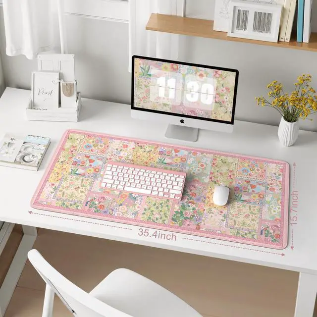 Alt view image 9 of 14 - Pink Desk Mat for Keyboard and Mouse, Large Mouse Pad, Floral Desk Pad, Anti-Slip XXL Big Mousepad with Stitched Edges for Computer