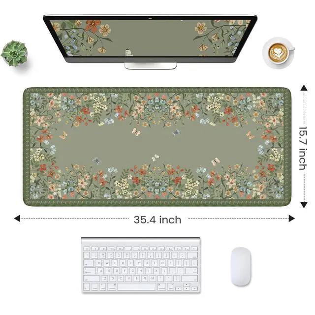 Alt view image 7 of 10 - Dark Green Floral Desk Mat, Desk Mat for Keyboard and Mouse, XL Mouse Pad with Non-Slip Rubber Base, Waterproof Computer Mats for Desktop, Long Mouse Pad for Gaming, Women Office