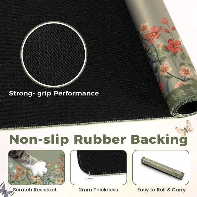 Alt view image 9 of 10 - Dark Green Floral Desk Mat, Desk Mat for Keyboard and Mouse, XL Mouse Pad with Non-Slip Rubber Base, Waterproof Computer Mats for Desktop, Long Mouse Pad for Gaming, Women Office