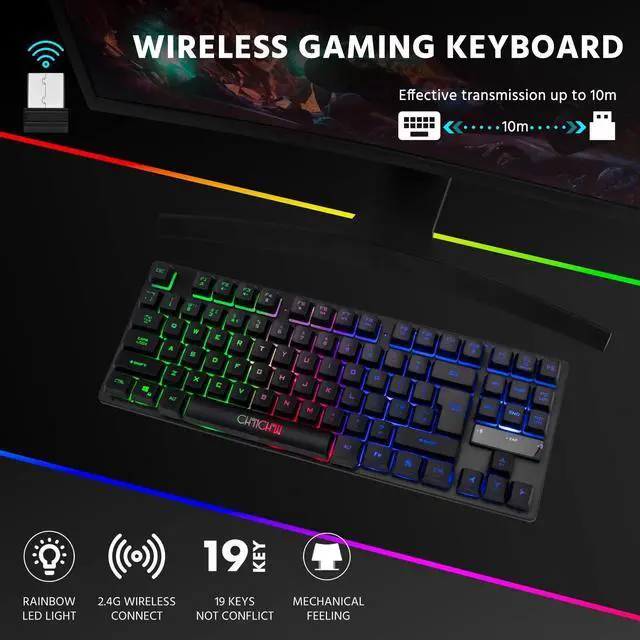 Alt view image 9 of 14 - Wireless LED Keyboard, Rechargeable 87 Key RGB LED Backlit Wireless Keyboard, Ergonomic Light up Gaming Keyboard Wireless compatibility with PC PS4 PS5 Xbox One Laptop, Teclado inalámbrico, Black