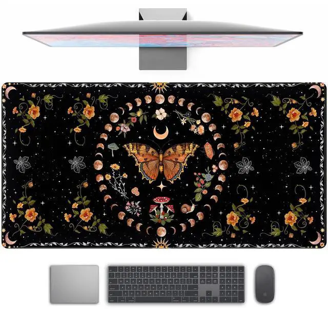 Alt view image 8 of 14 - Moth Desk Pad Mushroom Phase Moon Phase Desk Mat, Boho Flowers and Leaves Computer Big Mouse Pad Washable Cloth Non-Slip Rubber Base Keyboard Pad Mouse Mat for Office with Stitched Eges 31.5x15.7 in