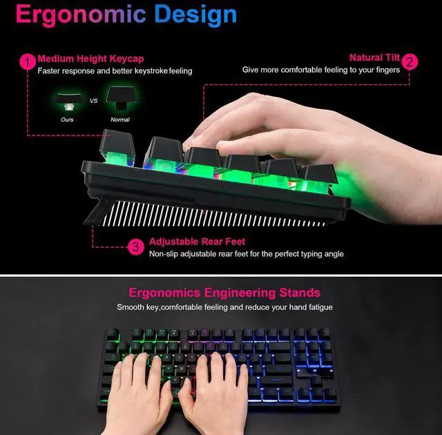 Alt view image 13 of 14 - Wireless LED Keyboard, Rechargeable 87 Key RGB LED Backlit Wireless Keyboard, Ergonomic Light up Gaming Keyboard Wireless compatibility with PC PS4 PS5 Xbox One Laptop, Teclado inalámbrico, Black