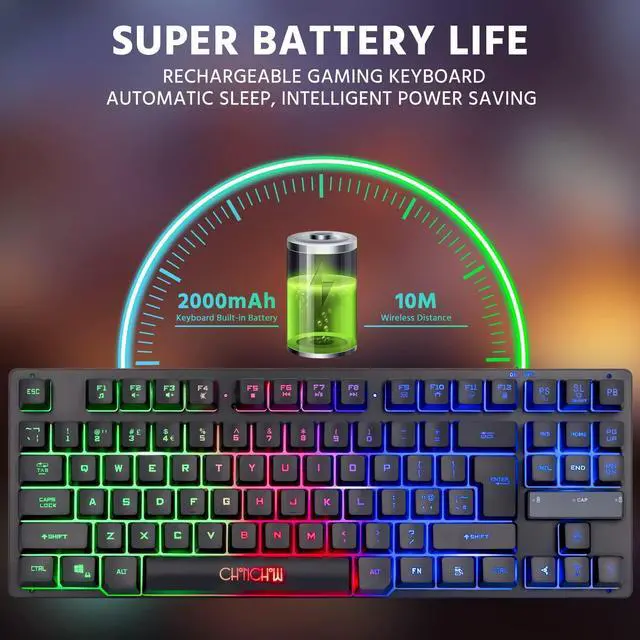 Alt view image 10 of 14 - Wireless LED Keyboard, Rechargeable 87 Key RGB LED Backlit Wireless Keyboard, Ergonomic Light up Gaming Keyboard Wireless compatibility with PC PS4 PS5 Xbox One Laptop, Teclado inalámbrico, Black