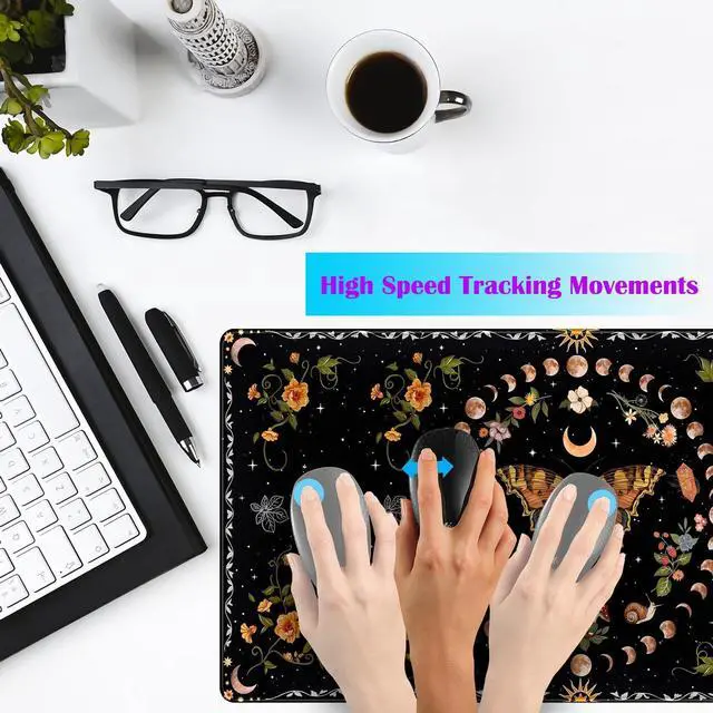 Alt view image 10 of 14 - Moth Desk Pad Mushroom Phase Moon Phase Desk Mat, Boho Flowers and Leaves Computer Big Mouse Pad Washable Cloth Non-Slip Rubber Base Keyboard Pad Mouse Mat for Office with Stitched Eges 31.5x15.7 in