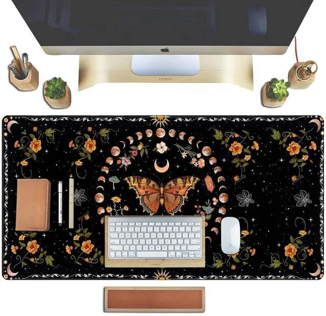 Alt view image 11 of 14 - Moth Desk Pad Mushroom Phase Moon Phase Desk Mat, Boho Flowers and Leaves Computer Big Mouse Pad Washable Cloth Non-Slip Rubber Base Keyboard Pad Mouse Mat for Office with Stitched Eges 31.5x15.7 in