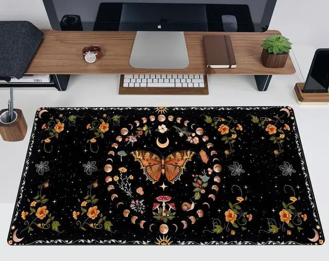 Alt view image 12 of 14 - Moth Desk Pad Mushroom Phase Moon Phase Desk Mat, Boho Flowers and Leaves Computer Big Mouse Pad Washable Cloth Non-Slip Rubber Base Keyboard Pad Mouse Mat for Office with Stitched Eges 31.5x15.7 in
