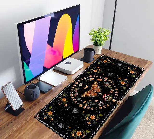 Alt view image 13 of 14 - Moth Desk Pad Mushroom Phase Moon Phase Desk Mat, Boho Flowers and Leaves Computer Big Mouse Pad Washable Cloth Non-Slip Rubber Base Keyboard Pad Mouse Mat for Office with Stitched Eges 31.5x15.7 in