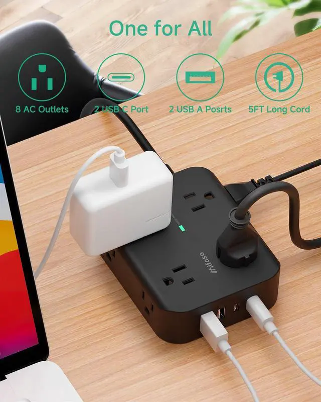 Alt view image 9 of 14 - Power Strip Surge Protector - Flat Plug, Wall Mount, 8 Wide Outlets with 4 USB Ports (2 USB C), 5FT Heavy Duty Extension Cord with Multiple Outlets, Charging Station Overload Protection for Home Dorm