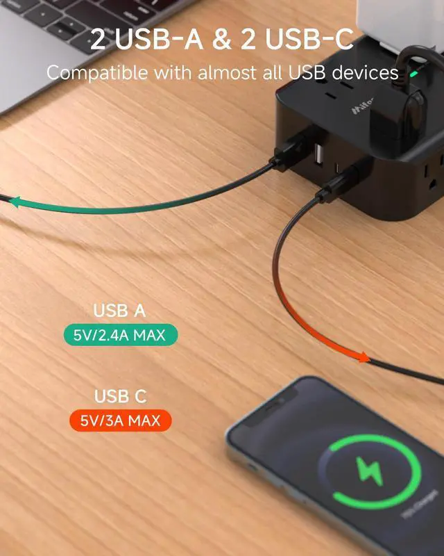 Alt view image 10 of 14 - Power Strip Surge Protector - Flat Plug, Wall Mount, 8 Wide Outlets with 4 USB Ports (2 USB C), 5FT Heavy Duty Extension Cord with Multiple Outlets, Charging Station Overload Protection for Home Dorm