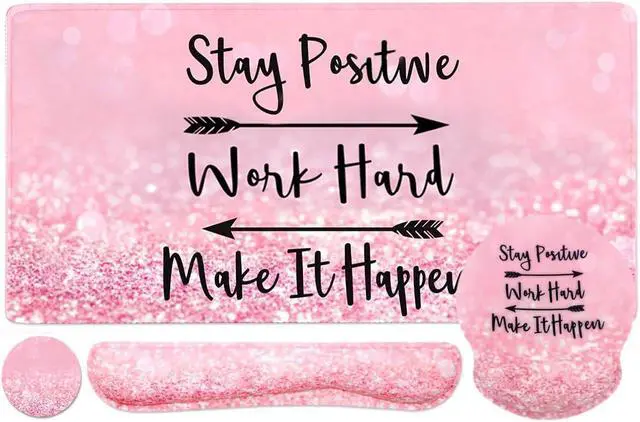 Alt view image 8 of 14 - 4-in-1 Gaming Mouse Pad Wrist Support SetDesk Pad + Mouse Pad with Wrist Rest + Keyboard Wrist Rest + Coaster, Ergonomic Design for Home Office Study Game - Pink Stay Positive