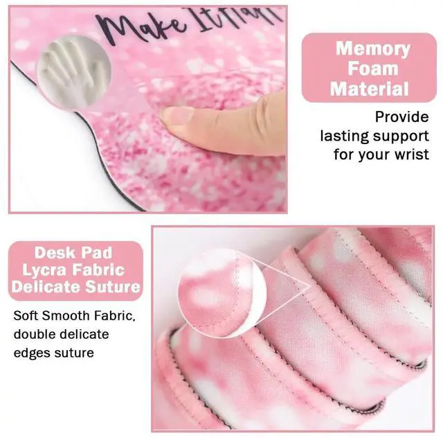 Alt view image 11 of 14 - 4-in-1 Gaming Mouse Pad Wrist Support SetDesk Pad + Mouse Pad with Wrist Rest + Keyboard Wrist Rest + Coaster, Ergonomic Design for Home Office Study Game - Pink Stay Positive