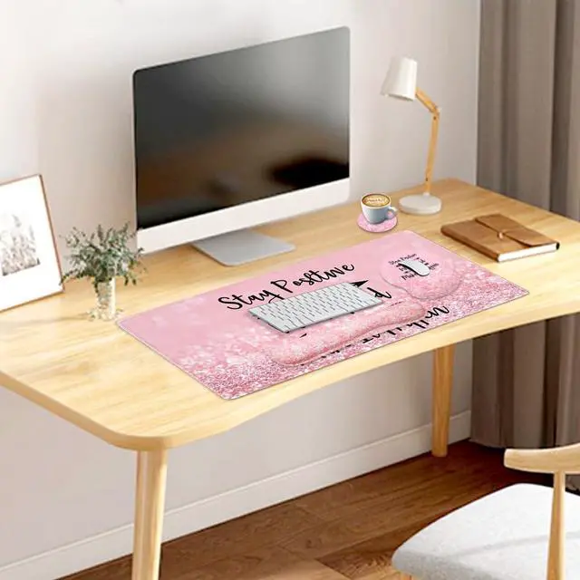 Alt view image 14 of 14 - 4-in-1 Gaming Mouse Pad Wrist Support SetDesk Pad + Mouse Pad with Wrist Rest + Keyboard Wrist Rest + Coaster, Ergonomic Design for Home Office Study Game - Pink Stay Positive