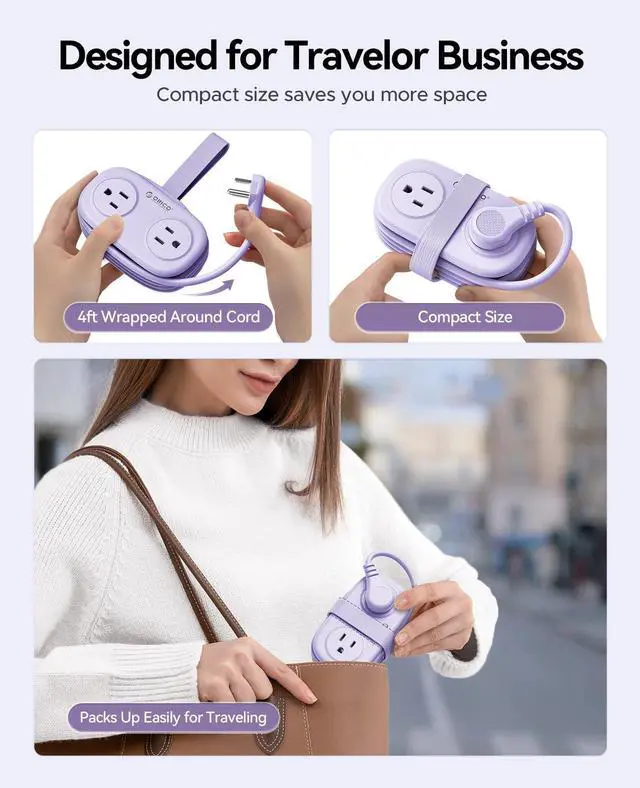 Alt view image 9 of 14 - 4FT Purple Travel Power Strip with 4 AC Outlets, 2 USB-A Ports, and 1 USB-C Port, 45° Flat Plug Extension Cord with Non Surge Protector for Travel/Home/Dorm/Office-AP3