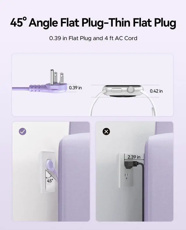 Alt view image 11 of 14 - 4FT Purple Travel Power Strip with 4 AC Outlets, 2 USB-A Ports, and 1 USB-C Port, 45° Flat Plug Extension Cord with Non Surge Protector for Travel/Home/Dorm/Office-AP3
