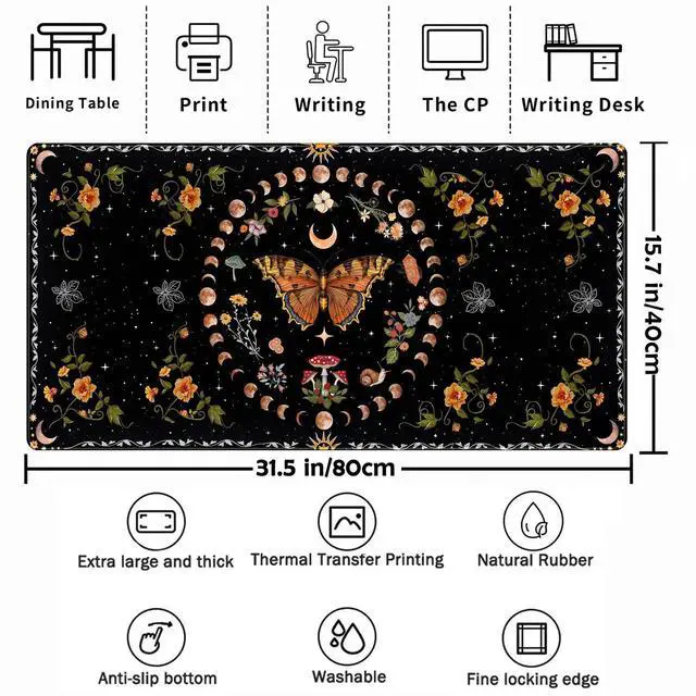 Alt view image 9 of 14 - Moth Desk Pad Mushroom Phase Moon Phase Desk Mat, Boho Flowers and Leaves Computer Big Mouse Pad Washable Cloth Non-Slip Rubber Base Keyboard Pad Mouse Mat for Office with Stitched Eges 31.5x15.7 in