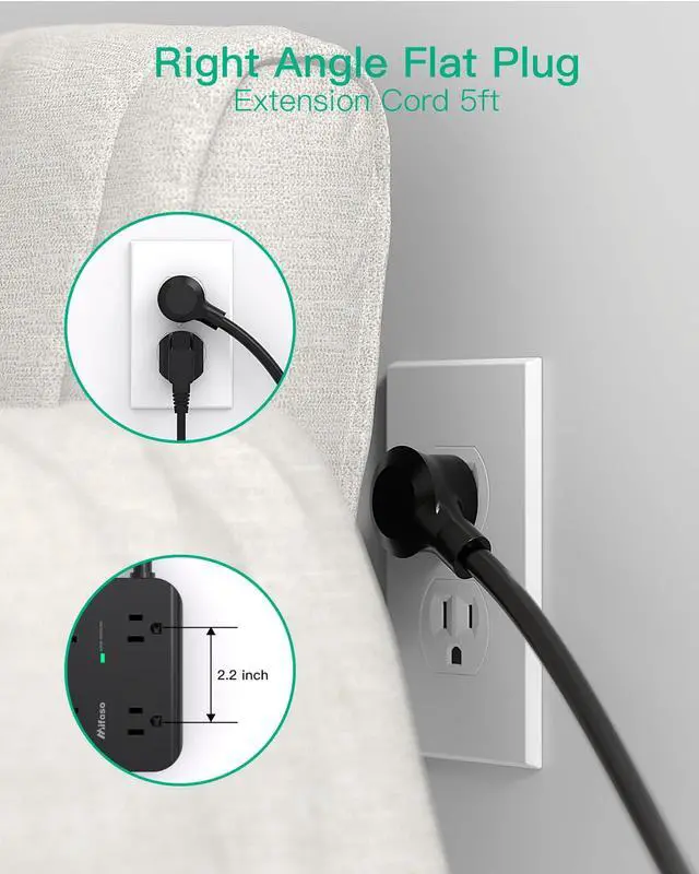 Alt view image 11 of 14 - Power Strip Surge Protector - Flat Plug, Wall Mount, 8 Wide Outlets with 4 USB Ports (2 USB C), 5FT Heavy Duty Extension Cord with Multiple Outlets, Charging Station Overload Protection for Home Dorm