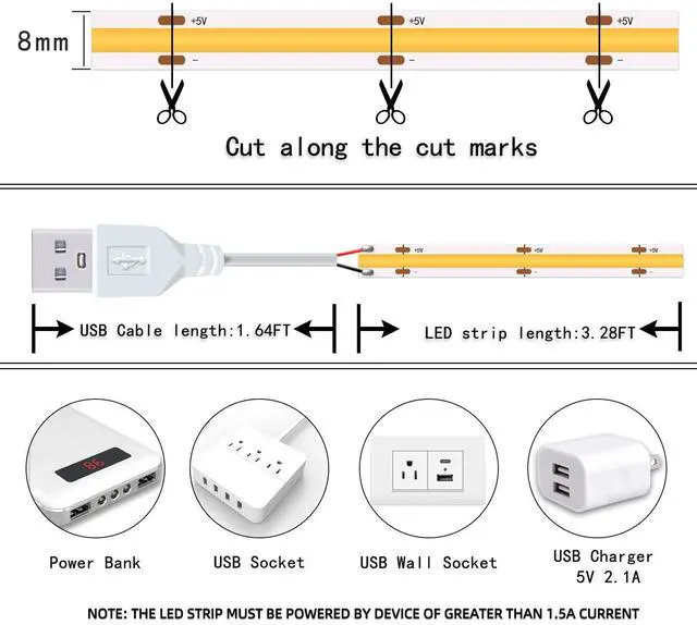 Alt view image 11 of 14 - Led Strip Lights, 5V USB LED Lighting COB Short LED Strip Light White Flexible Not Dimmable led Light for Display Cabinet, Living Room,DIY Home COB Lighting Decor tv Lights (3.28FT 6500K)