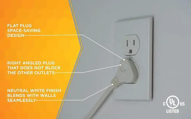 Alt view image 13 of 14 - SlimLine Extension Cord - 16/3 Indoor Flat Plug with Right Angled Design - 3 Polarized Outlets - PVC Jacket - Space Saving - Neutral White - 16 Gauge - 3 Feet