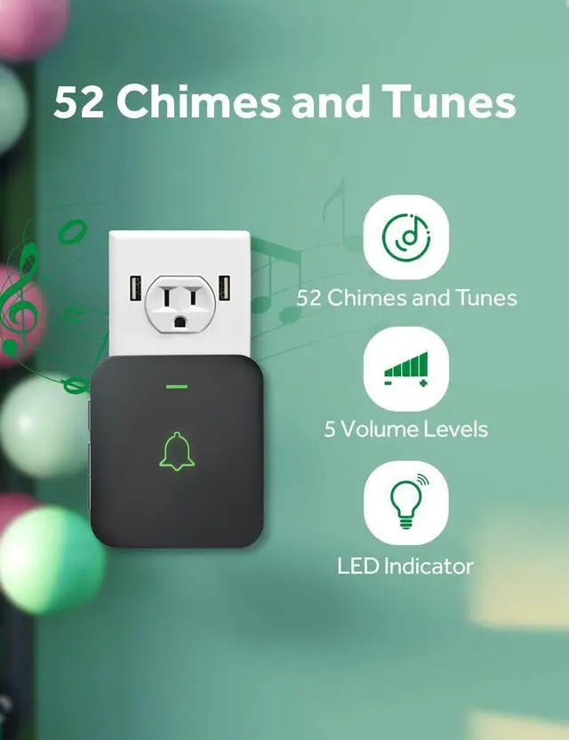 Alt view image 9 of 14 - Wireless Door Bell, Mini CB-11 Waterproof Doorbell Chime Operating at 1000 Feet with 52 Melodies, 5 Volume Levels & LED Flash