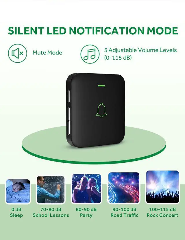 Alt view image 14 of 14 - Wireless Door Bell, Mini CB-11 Waterproof Doorbell Chime Operating at 1000 Feet with 52 Melodies, 5 Volume Levels & LED Flash