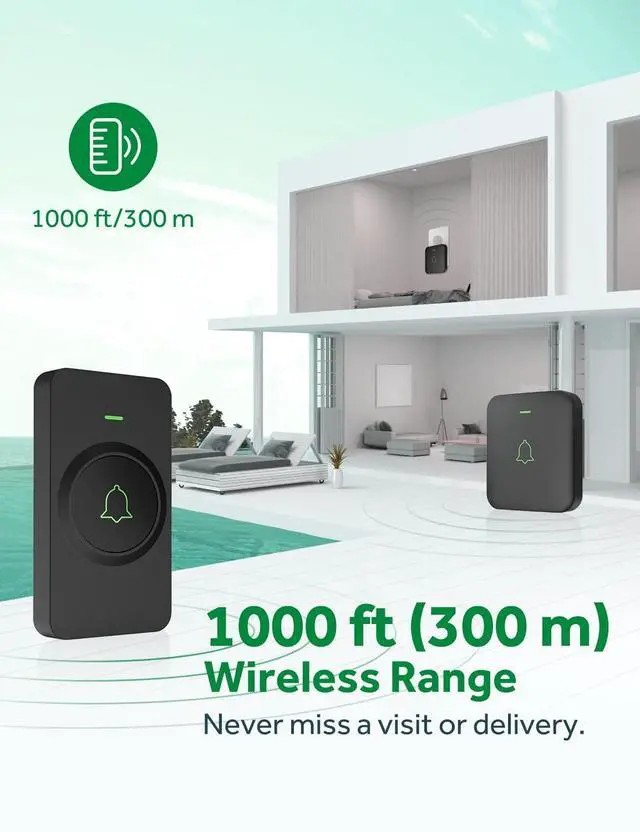 Alt view image 11 of 14 - Wireless Door Bell, Mini CB-11 Waterproof Doorbell Chime Operating at 1000 Feet with 52 Melodies, 5 Volume Levels & LED Flash