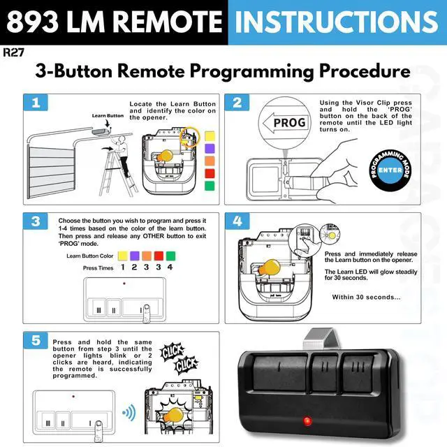 Alt view image 10 of 12 - 2X 893LM 893Max for Chamberlain Craftsman LiftMaster Universal Door Opener Remote Replacement, 3-Button Gate Opener Remote, Extra Long-Range, Black