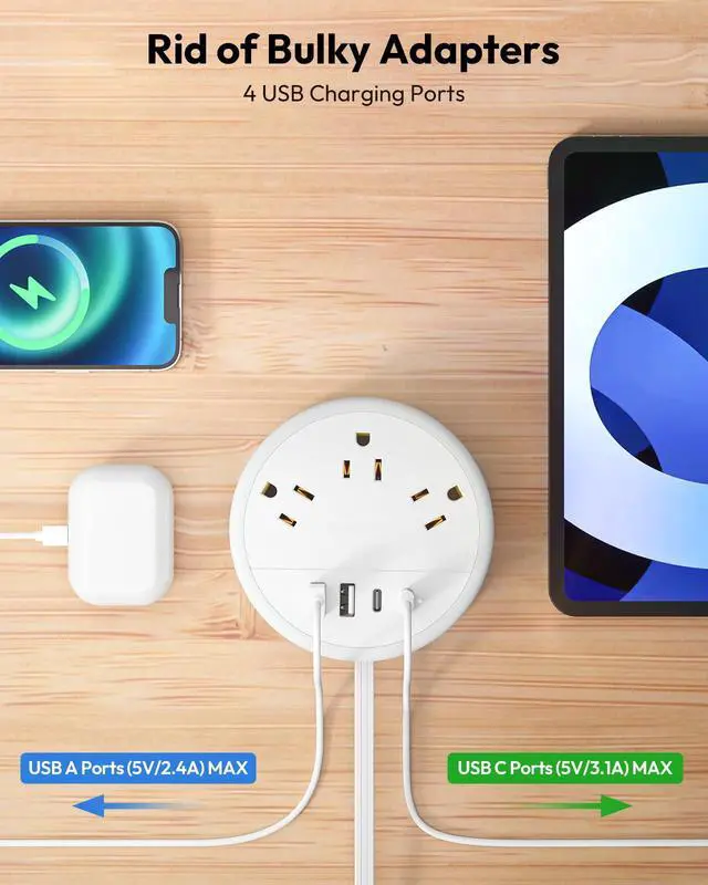 Alt view image 9 of 14 - Travel Power Strip, Travel Essentials, Cruise Essentials 3 Outlets 4 USB Ports(2 USB C), 4FT Wrapped Around Extension Cord for Travel Cruise Ship Beach Vacation Essentials White