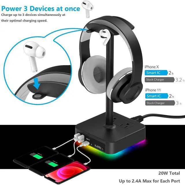 Alt view image 10 of 14 - RGB Headphone Stand with USB A&C Charger Desk Gaming Headset Holder Hanger Rack with 3 USB Charging Port and 2 Outlet - Suitable for Gamer Desktop Table Game Earphone Accessories Boyfriend Gifts