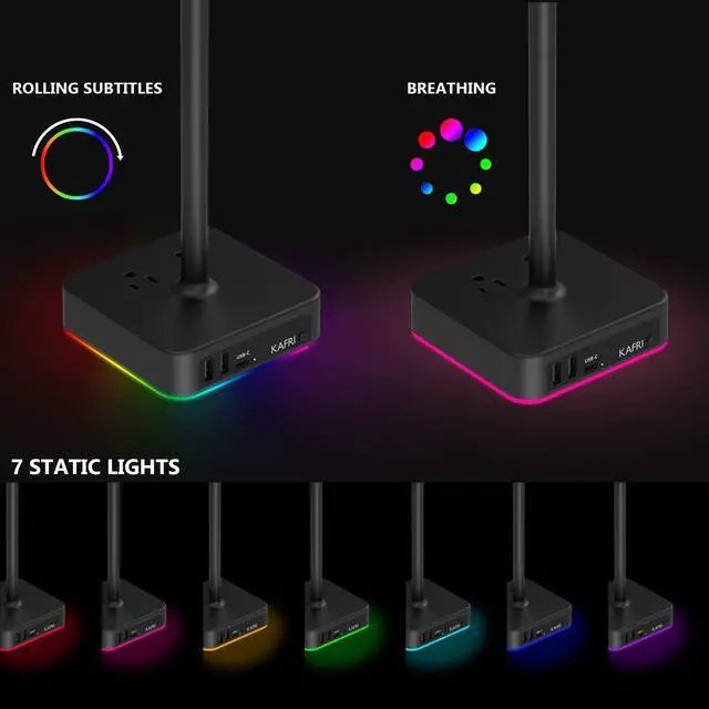 Alt view image 9 of 14 - RGB Headphone Stand with USB A&C Charger Desk Gaming Headset Holder Hanger Rack with 3 USB Charging Port and 2 Outlet - Suitable for Gamer Desktop Table Game Earphone Accessories Boyfriend Gifts