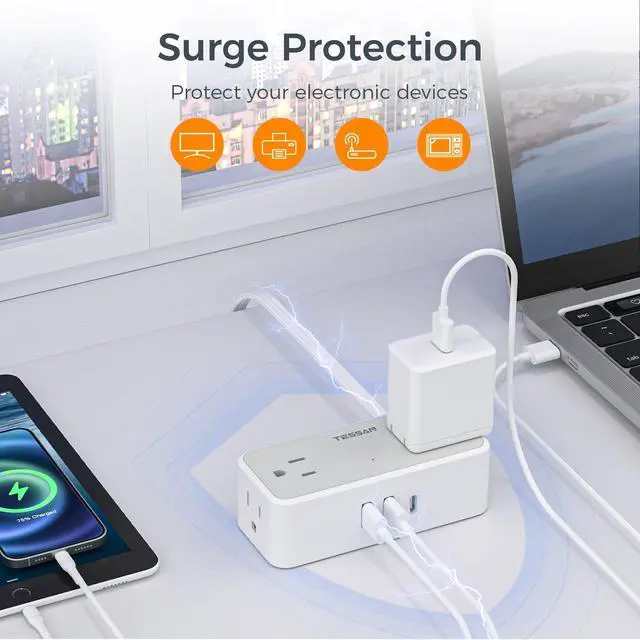 Alt view image 12 of 14 - Flat Plug Extension Cord 5 FT, Surge Protector Power Strip with 4 AC Outlets 1 USB C and 2 USB A Ports, 900 Joules Protection, 1250W, Multiple Wall Outlet Extender Suitable for Home Office Dorm