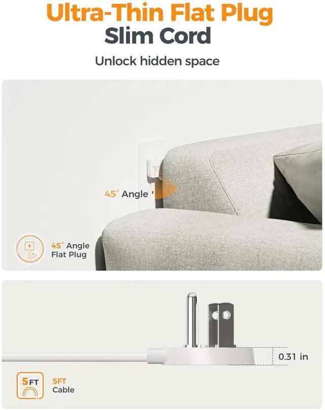 Alt view image 13 of 14 - Flat Plug Extension Cord 5 FT, Surge Protector Power Strip with 4 AC Outlets 1 USB C and 2 USB A Ports, 900 Joules Protection, 1250W, Multiple Wall Outlet Extender Suitable for Home Office Dorm