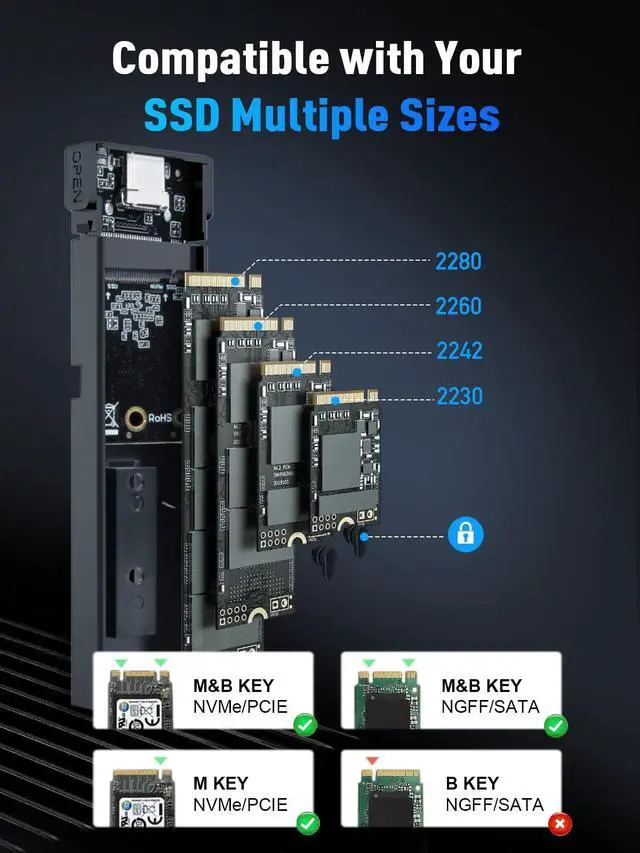 Alt view image 11 of 14 - M.2 NVME SATA SSD Enclosure Adapter , USB 3.2 Gen 2 10Gbps NVMe PCI-E 6Gbps SATA M-Key / B+M Key Solid State Drive External Adapter with UASP Trim, for SSDs 2242 2260 2280