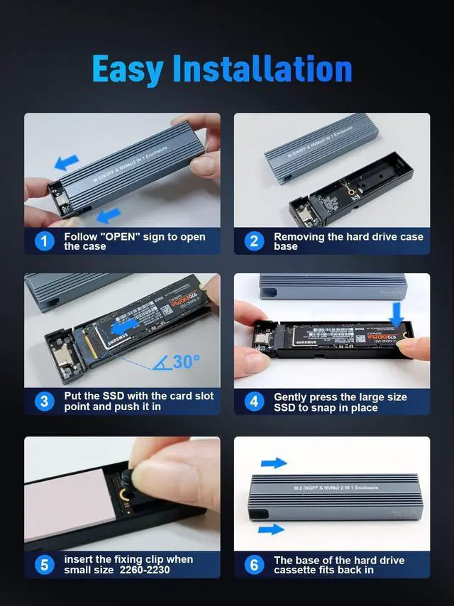 Alt view image 12 of 14 - M.2 NVME SATA SSD Enclosure Adapter , USB 3.2 Gen 2 10Gbps NVMe PCI-E 6Gbps SATA M-Key / B+M Key Solid State Drive External Adapter with UASP Trim, for SSDs 2242 2260 2280