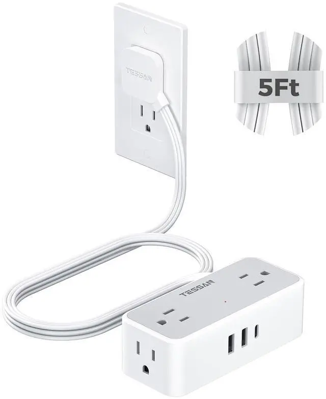 Alt view image 8 of 14 - Flat Plug Extension Cord 5 FT, Surge Protector Power Strip with 4 AC Outlets 1 USB C and 2 USB A Ports, 900 Joules Protection, 1250W, Multiple Wall Outlet Extender Suitable for Home Office Dorm