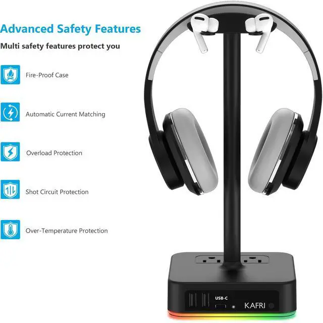 Alt view image 13 of 14 - RGB Headphone Stand with USB A&C Charger Desk Gaming Headset Holder Hanger Rack with 3 USB Charging Port and 2 Outlet - Suitable for Gamer Desktop Table Game Earphone Accessories Boyfriend Gifts