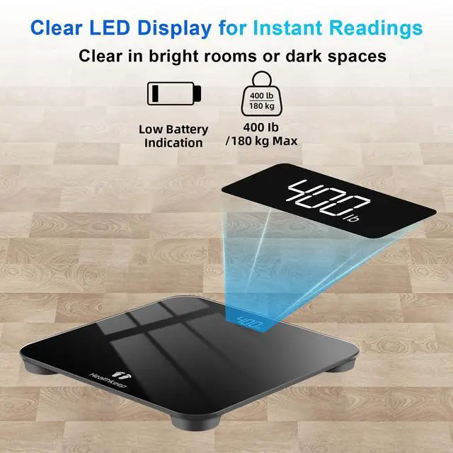 Alt view image 12 of 14 - Digital Bathroom Scale for Body Weight: High-Precision 4-Sensor Accuracy, LED Display, 400lb/180kg Capacity, Safe Rounded Corners, Batteries Included