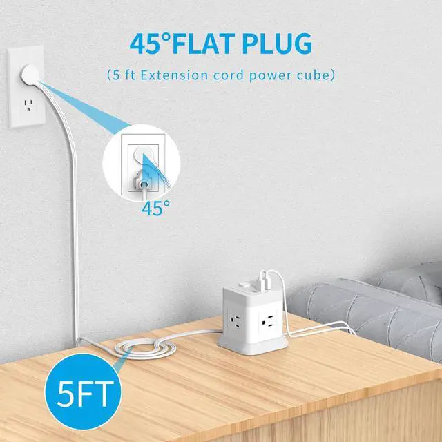 Alt view image 10 of 14 - Power Strip with USB, Flat Plug Extension Cord with 4 Outlets and 3 USB(1 USB C), 5 FT Power Cord Desktop Charging Station, Overload Protection, Compact Portable for Travel Home Office